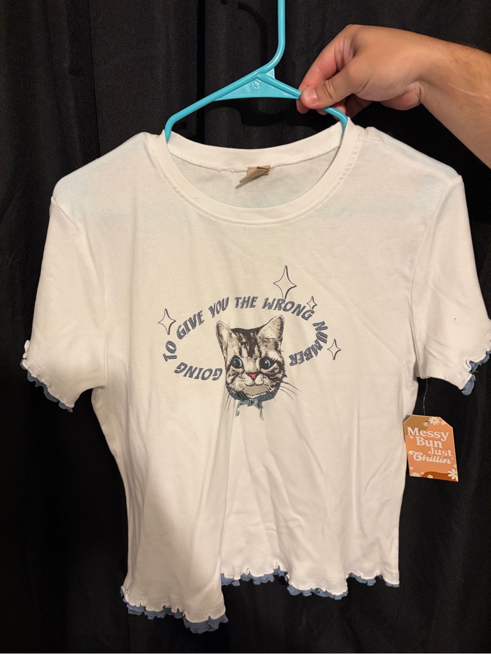 White Cat Graphic Cropped Babydoll Tee